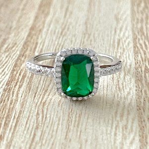 Radiant Simulated Emerald Halo Ring - Platinum Plated